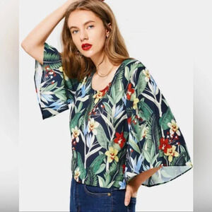 Zara Collection Multicolor Tropical Print Top Crop Bell Sleeve Back Bow Size M